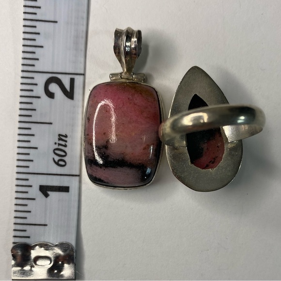 Handmade Rhodonite and Sterling Ring with Matching Pendant - Picture 5 of 5